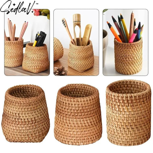 SEDLAV Handwoven Rattan Pen Holder & Organizer - Stylish Stationery & Makeup Storage- Multi-Functional Woven Basket