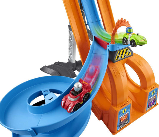 Fisher-Price Little People Toddler Playset, Hot Wheels Racing Loops Tower, Spiral Racetrack with Stunt Ramp and Sounds Multi