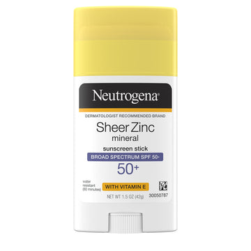 Neutrogena Sheer Zinc Oxide Mineral Sunscreen Stick with Vitamin E, Broad Spectrum SPF 50+ & UVA/UVB Protection, Water Resistant & Residue-Free Application, Paraben-Free, Dye-Free, 1.5 oz