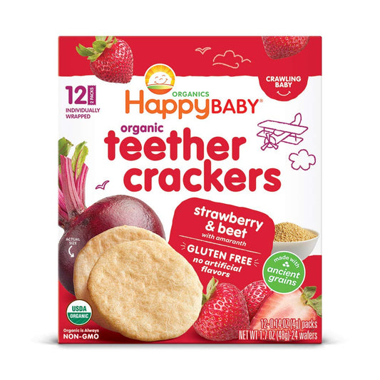 Happy Baby Organics Organic Teether Crackers Gluten Free Strawberry & Beet with Amaranth, 0.14 Oz,12 Count (Pack of 6)