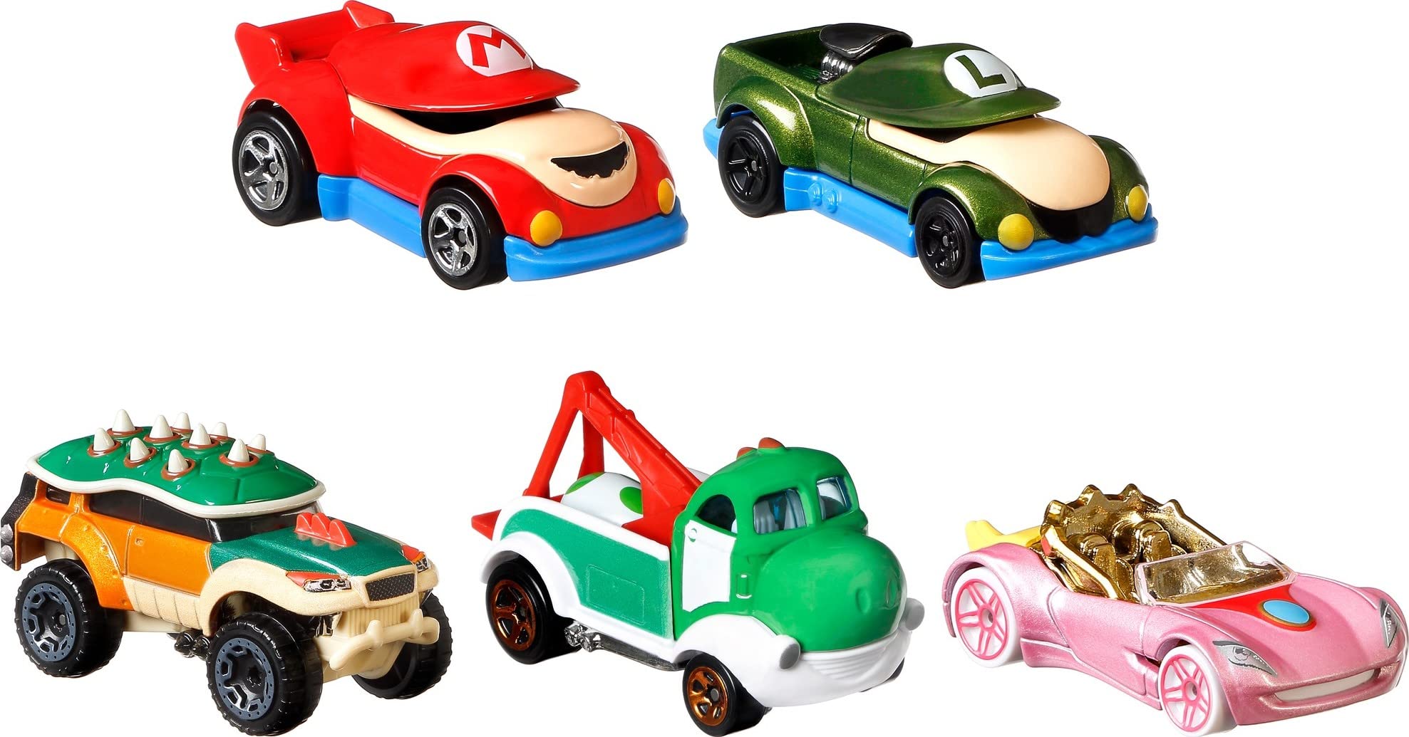 Hot Wheels Super Mario Character Car 5-Pack With Mario, Luigi, Princess Peach, Yoshi & Bowser Vehicles In 1 Set, Gift For Ages 3 Years Old & Up
