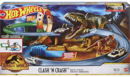 Hot Wheels Jurassic World Dominion Toy Cars Track Set, Clash 'n Crash Playset with Motorized Booster & 1:64 Scale Car
