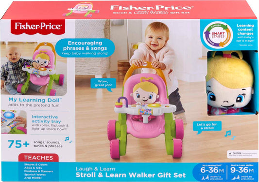 Fisher-Price Laugh & Learn Stroll & Learn Walker Gift Set, Musical Baby Walking Toy and Soft Doll for Infants Ages 9 Months and Older