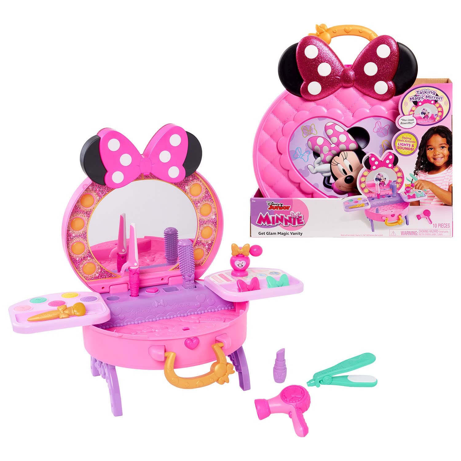 Disney Junior Minnie Mouse Get Glam Magic Table Top Pretend Play Vanity with Lights and Sounds, Officially Licensed Kids Toys for Ages 5 Up by Just Play