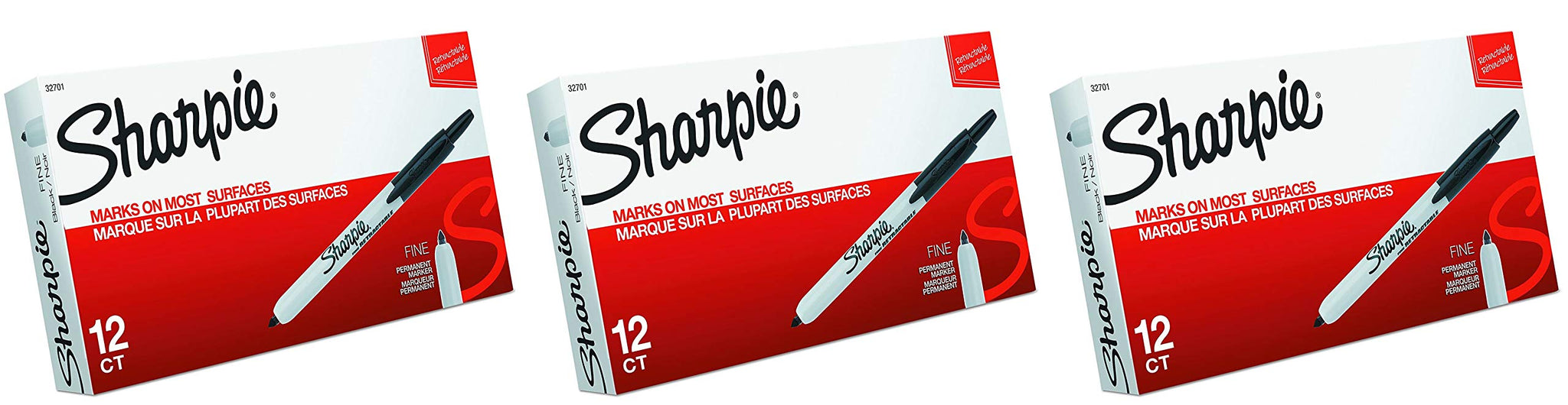 Sharpie 32701 Retractable Permanent Markers, Fine Point, 12 Ct, black - 3 Pack