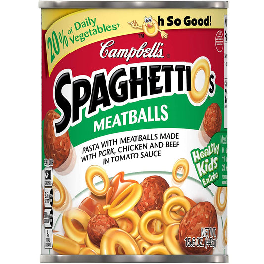 Campbell's SpaghettiO's Canned Pasta with Meatballs - No Preservatives - No Artificial Flavors - 15.6oz Can (6 Pack)