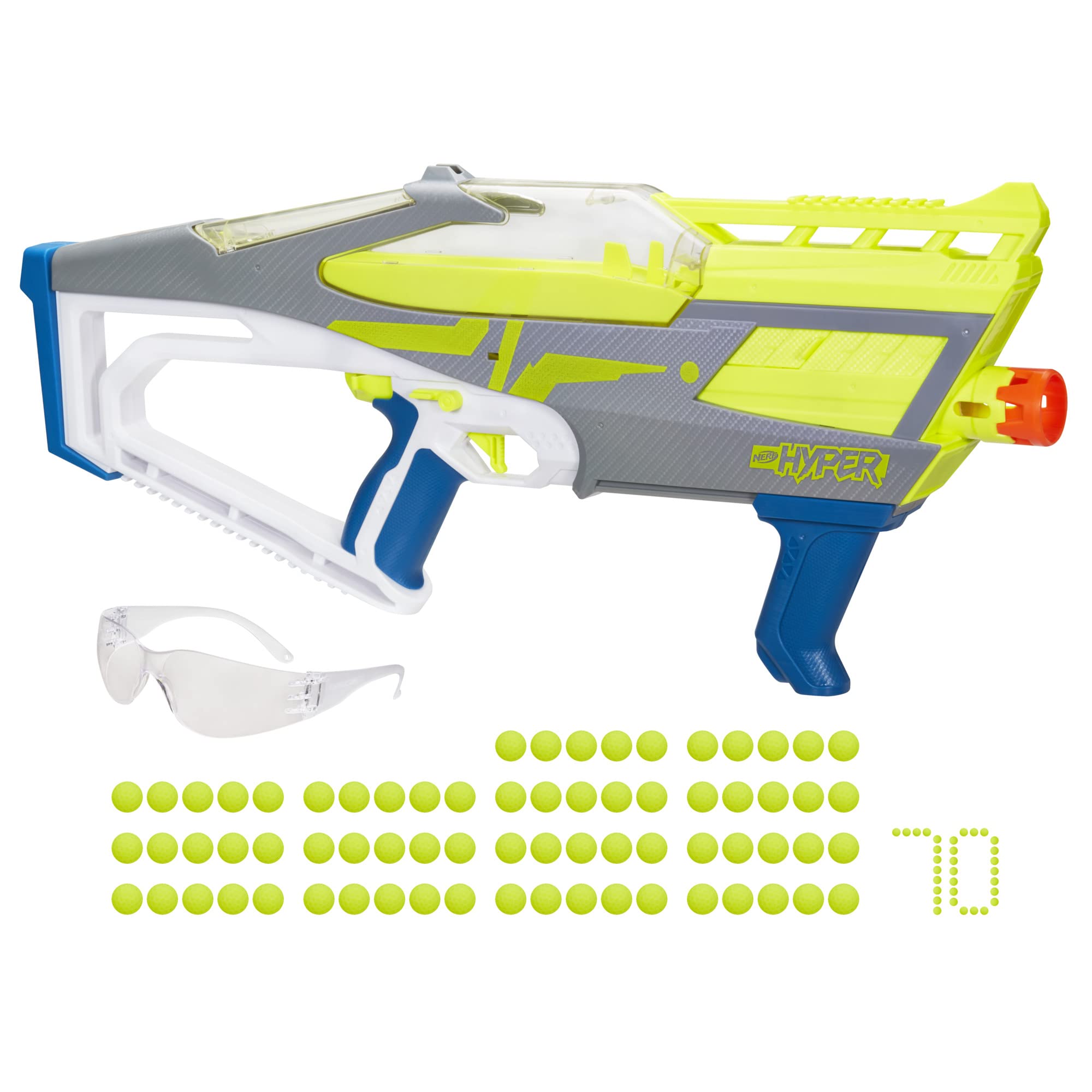 NERF Hyper Evolve-100 Blaster, 70 Hyper Rounds, Spring-Open Instant Reload Hopper, Up to 110 FPS Velocity, Eyewear Included