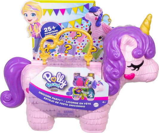 Polly Pocket 2-in-1 Travel Toy Playset, Unicorn Toy with 2 Dolls & 25 Surprise Accessories, Unicorn Party Large Compact
