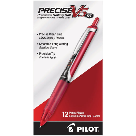 Pilot, Precise V5 RT Refillable & Retractable Rolling Ball Pens, Extra Fine Point 0.5 mm, Red, Pack of 12