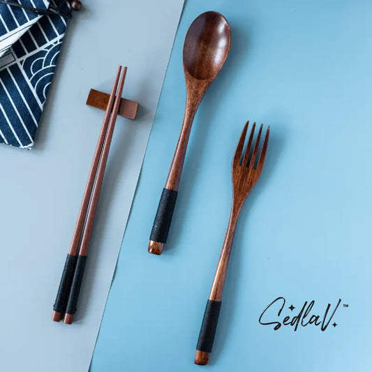 SEDLAV Wooden Tableware Set with Natural Cutlery for Kitchen, Dining & Bar - Includes Fork, Spoon, Chopsticks Dining & Bar Plate Mats Clear