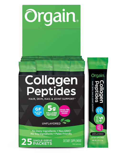 Orgain Hydrolyzed Collagen Powder, 5g Grass Fed Collagen Peptides, Unflavored - Hair, Skin, Nail, & Joint Support Supplement, Paleo & Keto, Type 1 and 3 Collagen - 0.18 Oz Travel Packets (Pack of 25)