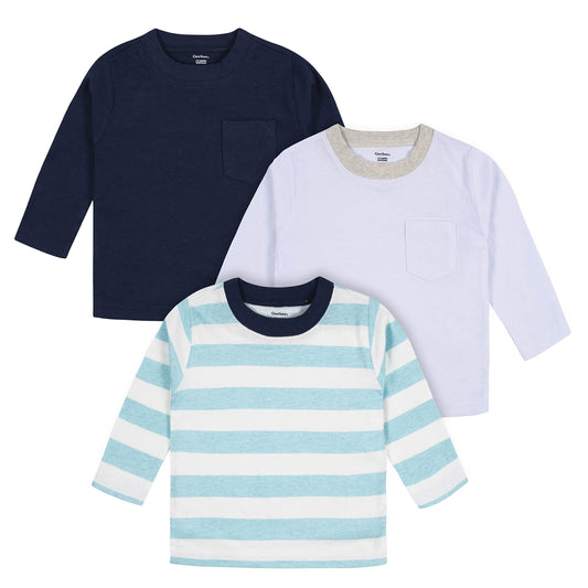 Gerber Baby Boy's Toddler 3-Pack Long Sleeve Pocket Tees, Blue Stripes & Solids, 0-3 Months