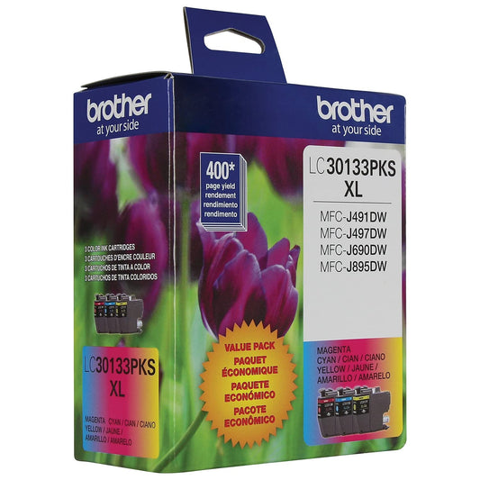 Brother Printer Genuine LC30133PKS 3-Pack High Yield Color Ink Cartridges, Page Yield Up to 400 Pages/Cartridge, Includes Cyan, Magenta and Yellow, LC3013