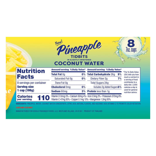 Dole Pineapple Tidbits In Coconut Water Cups 8 Cups (Pack of 2 for 16 Cups)