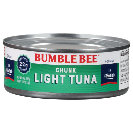 Bumble Bee Chunk Light Tuna in Water, 5 oz Cans (Pack of 48) - Wild Caught Tuna - 22g Protein per Serving - Non-GMO Project Verified, Gluten Free, Kosher - Great for Tuna Salad and Recipes, Green