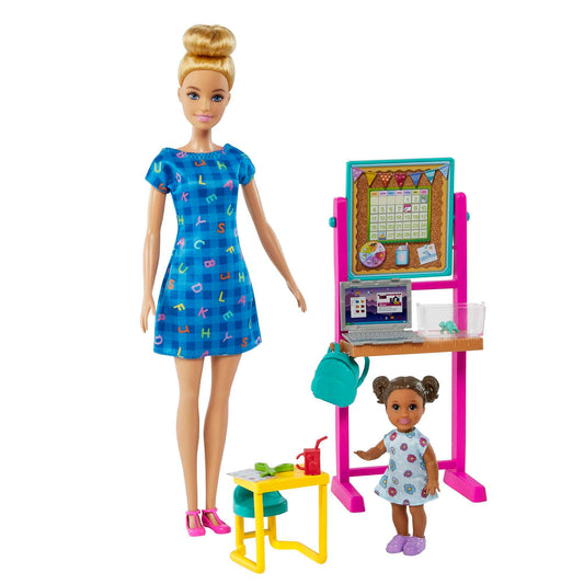 Barbie Teacher Doll (Blonde),Toddler Doll (Brunette), Flip Board, Laptop, Backpack, Toddler Desk, Pet Turtle, Great For Ages 3 Years Old & Up