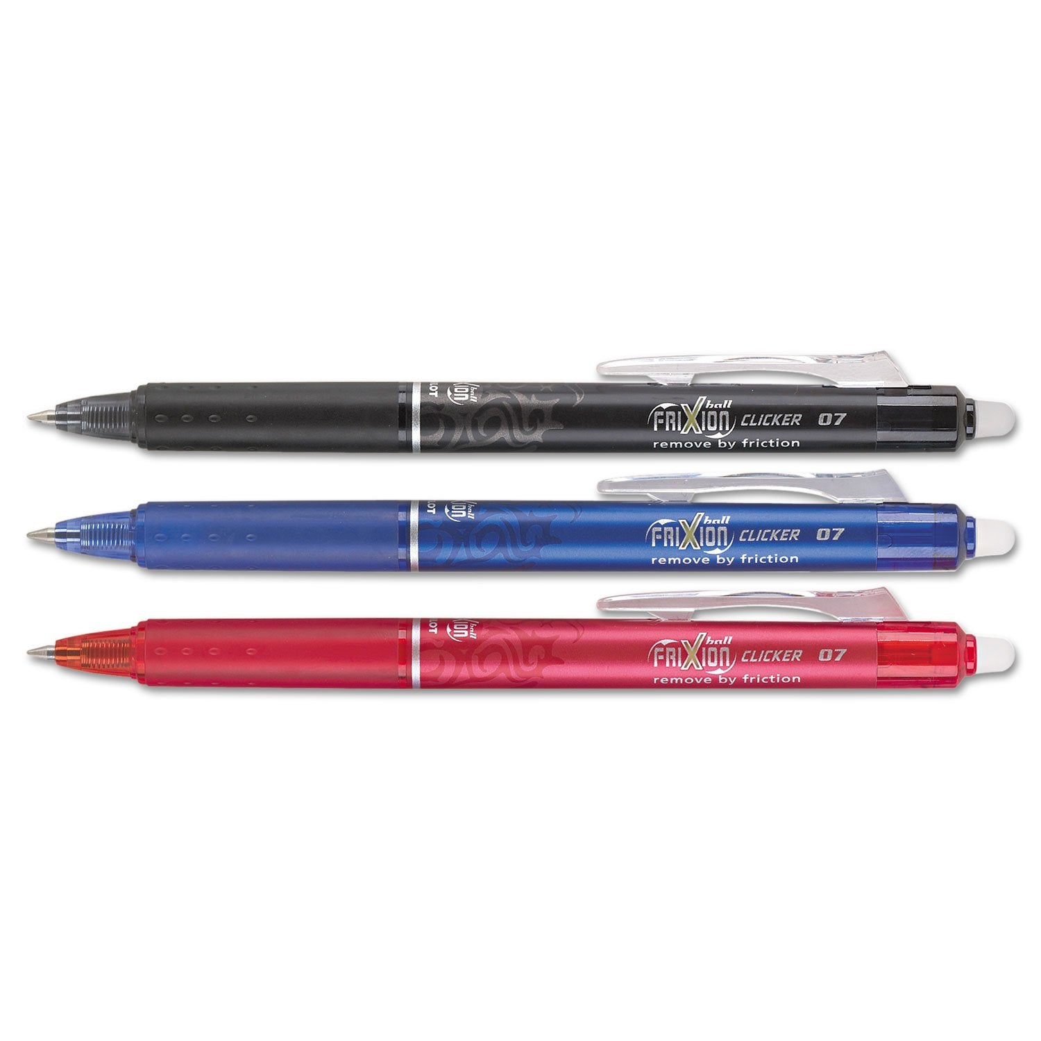 PILOT FriXion Clicker Erasable, Refillable & Retractable Gel Ink Pens, Fine Point, Black/Blue/Red Inks, 3-Pack (31467)