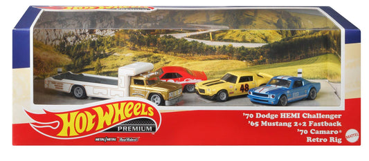 Hot Wheels Premium Collector Set Includes 70 Dodge Challenger Hemi, 65 Mustang 2+2 Fastback, 70 Camaro and Retro Rig