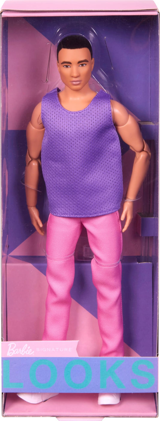 Barbie Looks Ken Doll with Black Hair Dressed in Purple Mesh Top and Pink Trousers, Posable Made to Move Body, 6 years and older