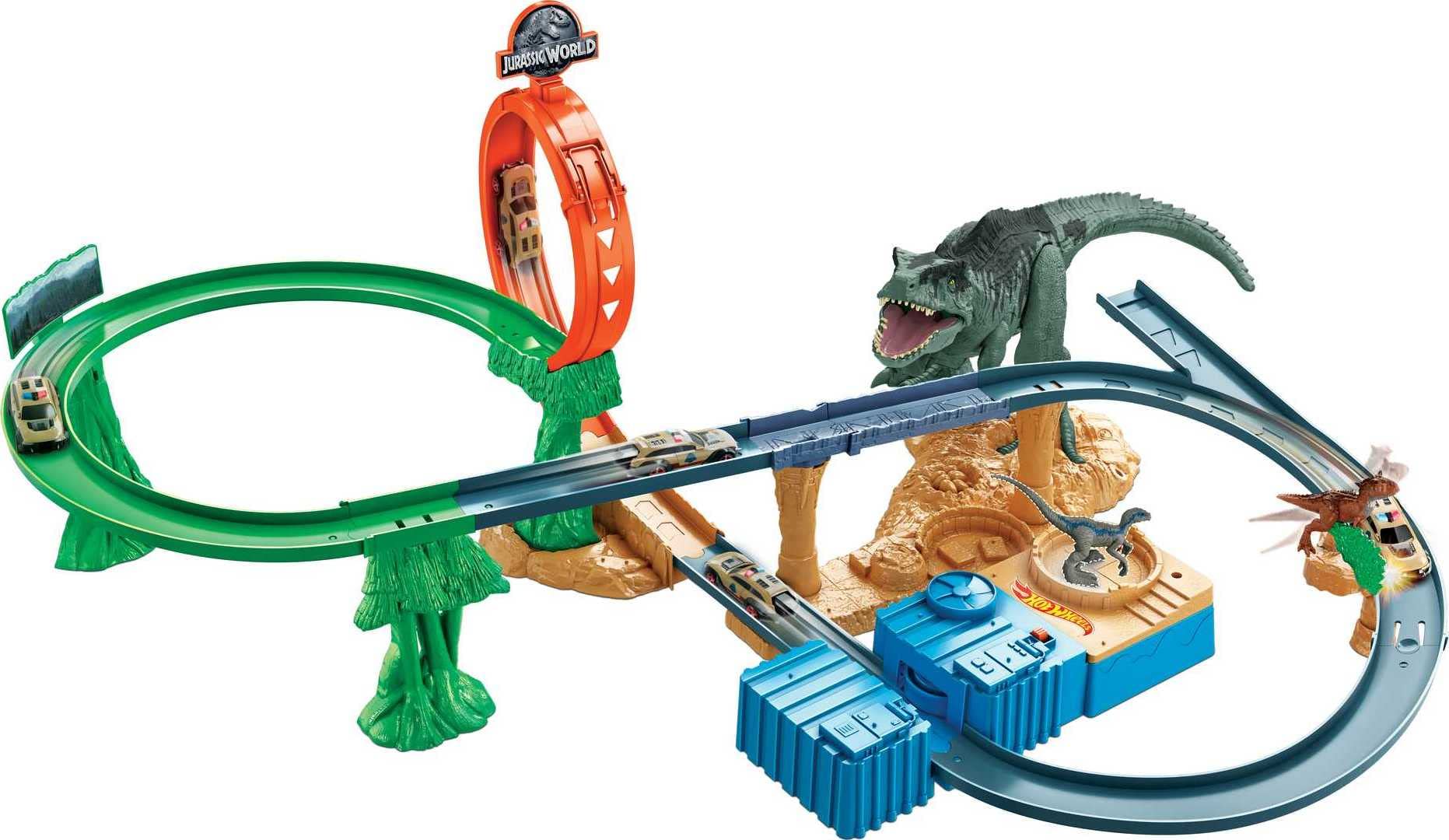 Hot Wheels Jurassic World Dominion Toy Cars Track Set, Clash 'n Crash Playset with Motorized Booster & 1:64 Scale Car