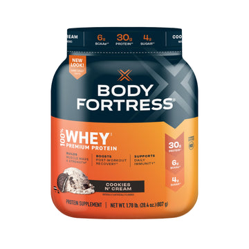 Body Fortress 100% Whey, Premium Protein Powder, Cookies N' Cream, 1.78lbs (Packaging May Vary)