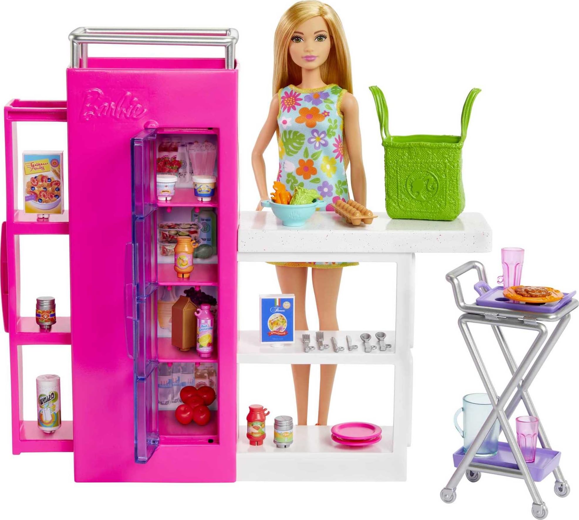 Barbie Doll and Ultimate Pantry Playset, Kitchen Add-On with 25+ Pieces, Doll House Furniture, Food-Themed Sticker Sheet