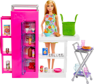 Barbie Doll and Ultimate Pantry Playset, Kitchen Add-On with 25+ Pieces, Doll House Furniture, Food-Themed Sticker Sheet