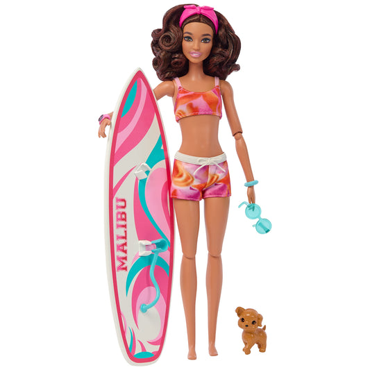 Barbie HPL69 Surf Doll Articulated Mannequin Brown Surfboard Puppy Themed Accessories Children's Toy from 3 Years