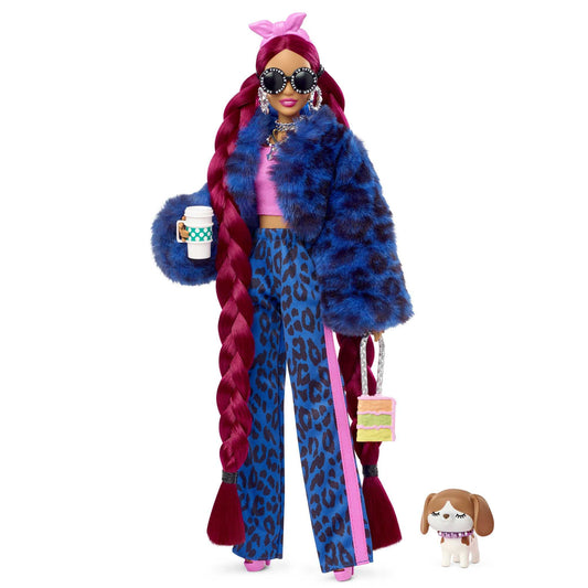 Barbie Doll and Accessories, Barbie Extra Fashion Doll with Burgundy Braids and Furry Jacket, Pet Puppy