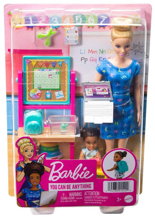 Barbie Teacher Doll (Blonde),Toddler Doll (Brunette), Flip Board, Laptop, Backpack, Toddler Desk, Pet Turtle, Great For Ages 3 Years Old & Up