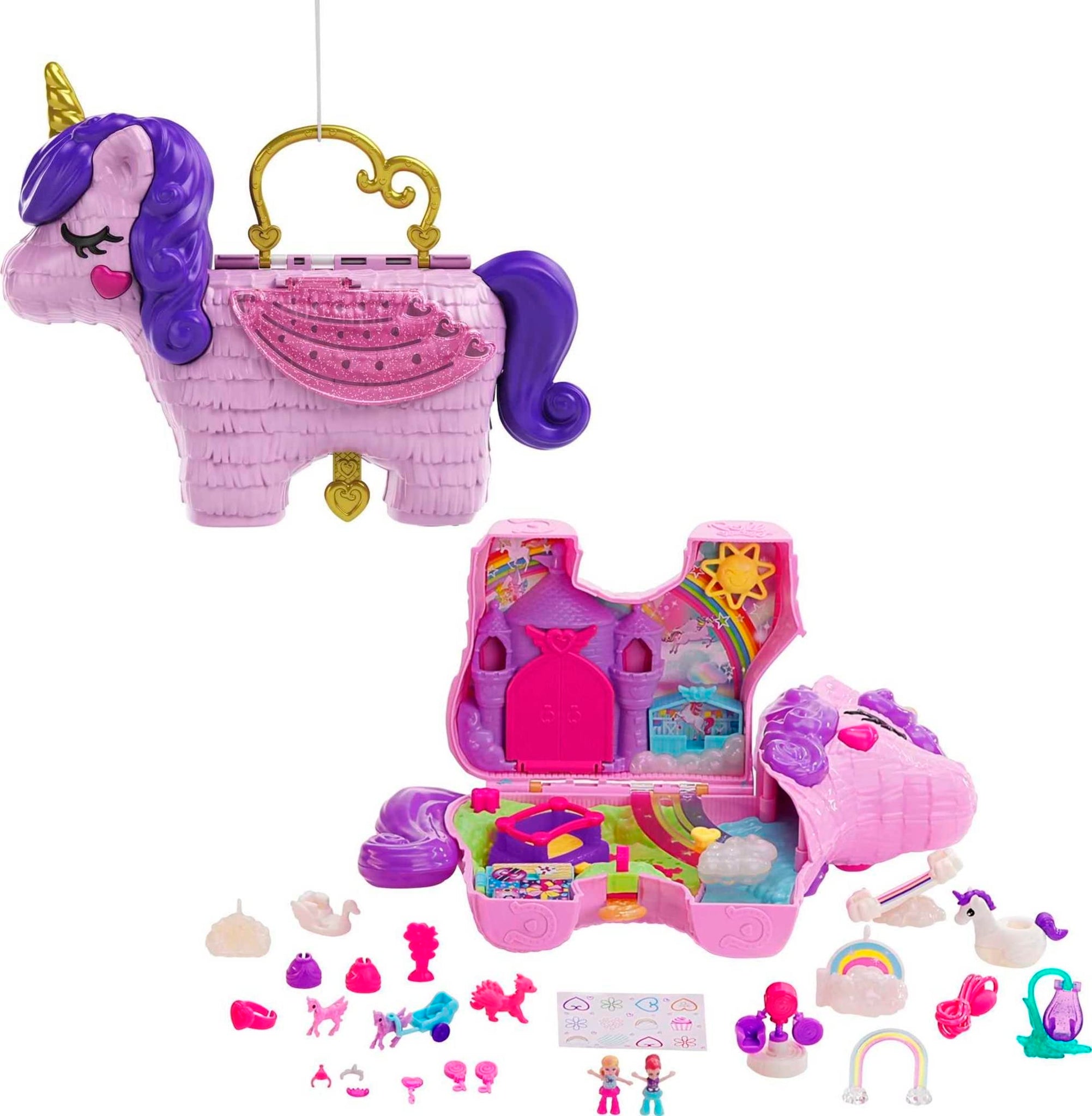 Polly Pocket 2-in-1 Travel Toy Playset, Unicorn Toy with 2 Dolls & 25 Surprise Accessories, Unicorn Party Large Compact