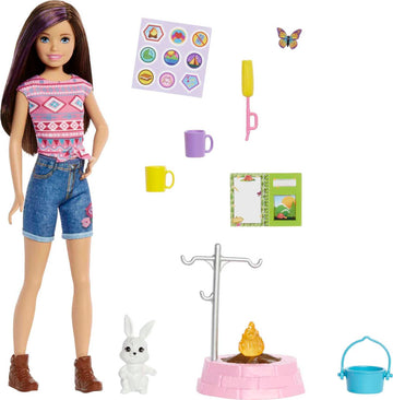 Barbie It Takes Two Camping Playset with Skipper Doll (~10 in), Pet Bunny, Firepit, Sticker Sheet & Camping Accessories, For 3 to 7 Year Olds