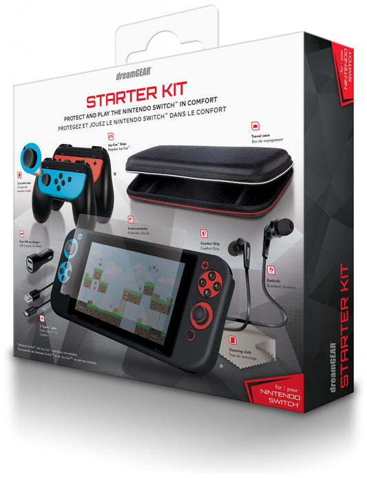 dreamGEAR Starter Kit Accessories: Compatible with Nintendo Switch, 11-In-1 Bundle, Carrying Case, Screen Protector, Ergonomic Grip Case, Earbuds with Mic, Joy Con Grips, Joystick Caps, More