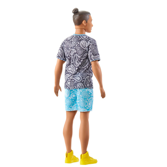 Barbie Ken Doll, Kids Toys, Fashionistas, Brown Hair in Bun, Paisley Tee and Shorts, Clothes and Accessories