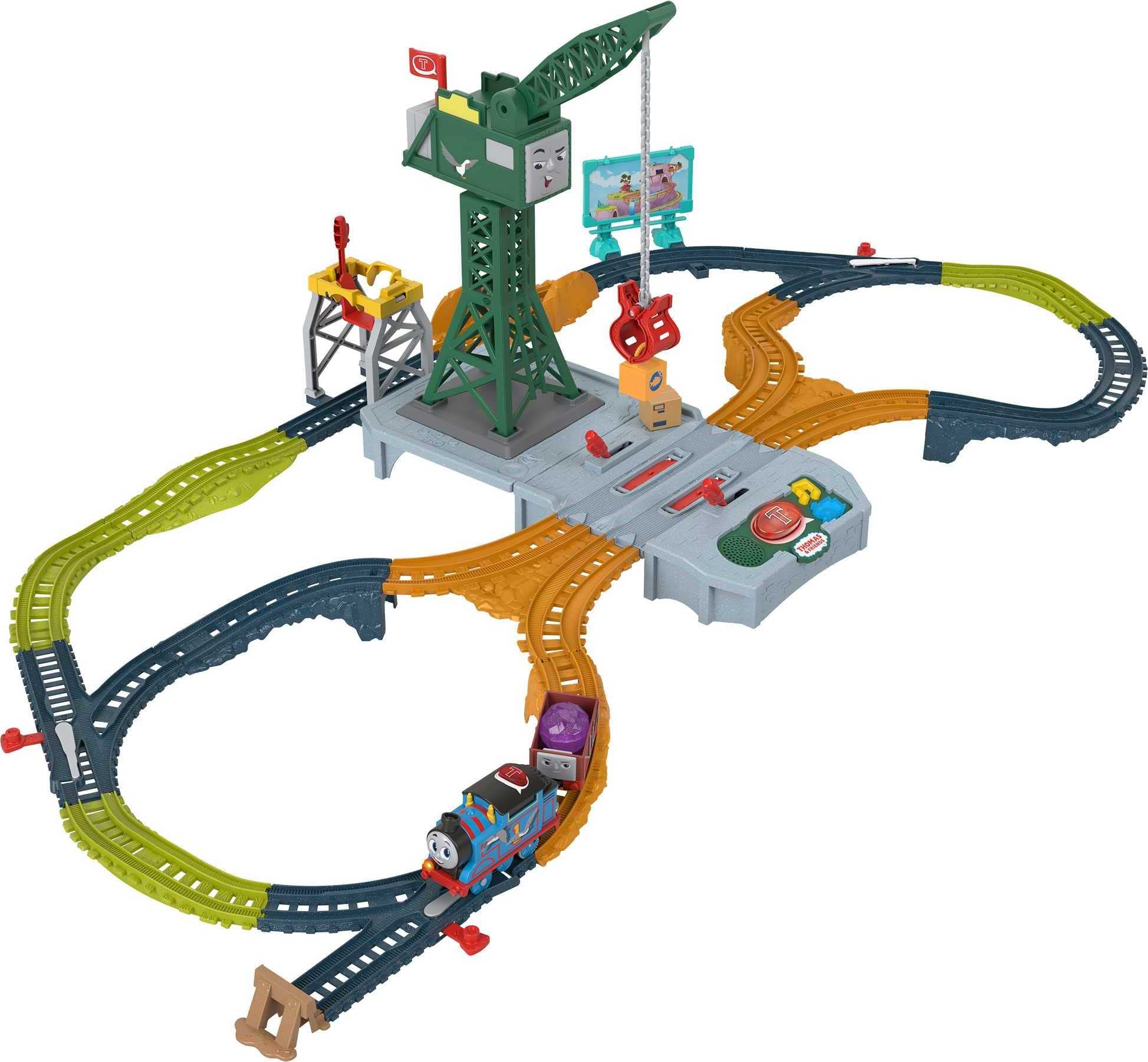 Thomas & Friends Motorized Train Set, Talking Cranky Delivery Set, Talking Crane & Battery Powered Toy Train with Songs & Sounds Medium
