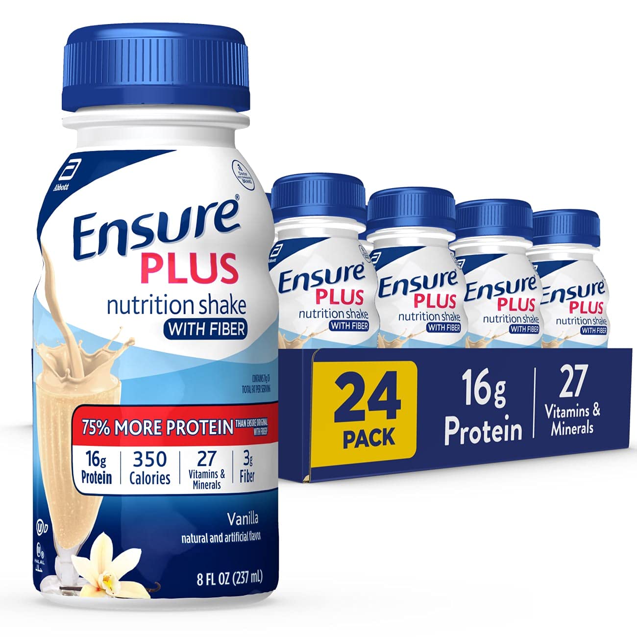 Ensure Plus Liquid Nutrition Shake with Fiber, 16 Grams of Protein, , Vanilla, 8 Fl Oz Bottle (Pack of 24)