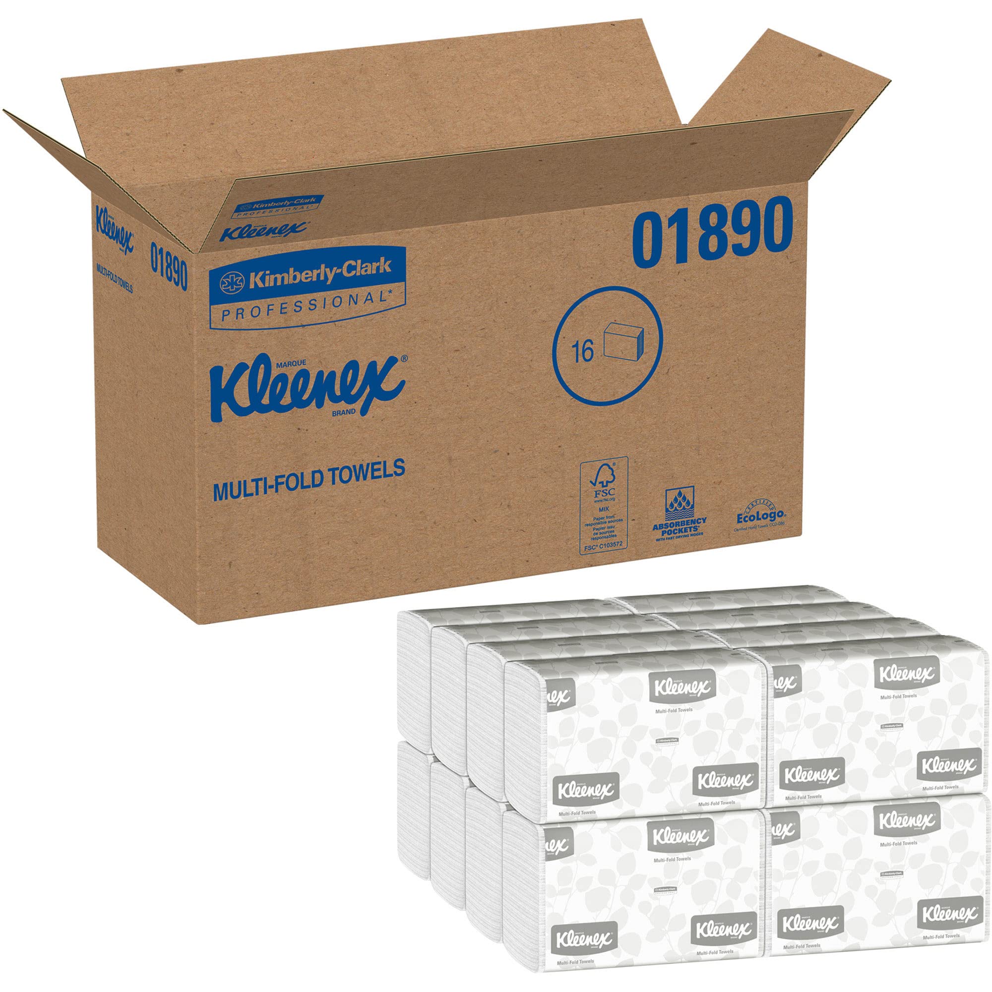 Kleenex® Multifold Paper Towels (01890), 1-Ply, 9.2" x 9.4" sheets, White, (150 Sheets/Pack, 16 Packs/Case, 2400 Sheets/Case)