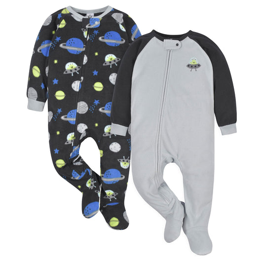 Gerber Baby Boys Toddler Loose Fit Flame Resistant Fleece Footed Pajamas 2-Pack Space Black 3-6 Months