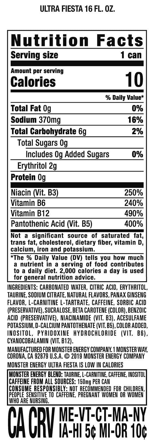 Monster Energy Ultra Fiesta Mango, Sugar Free Energy Drink, 16 Ounce (Pack of 24)