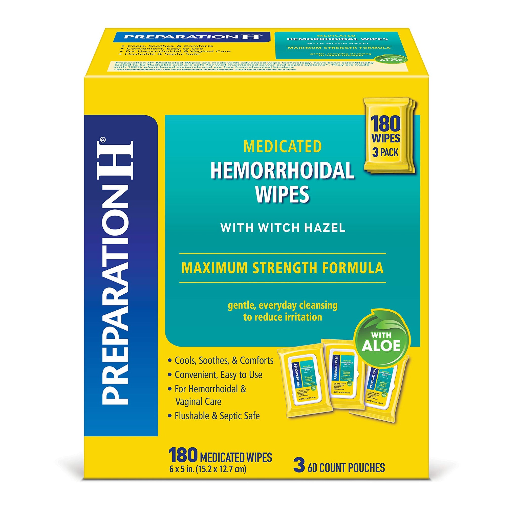 Preparation H Medicated Hemorrhoidal Wipes 180 ct, Maximum Strength Relief with Witch Hazel and Aloe, for Cleansing, Burning, Itch and Irritation Relief, 3 Packs of 60