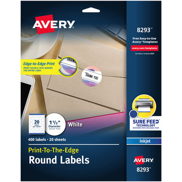 Avery Matte White Round Labels, Sure Feed Technology, Permanent Adhesive, 1-1/2", 400 Labels (8293)