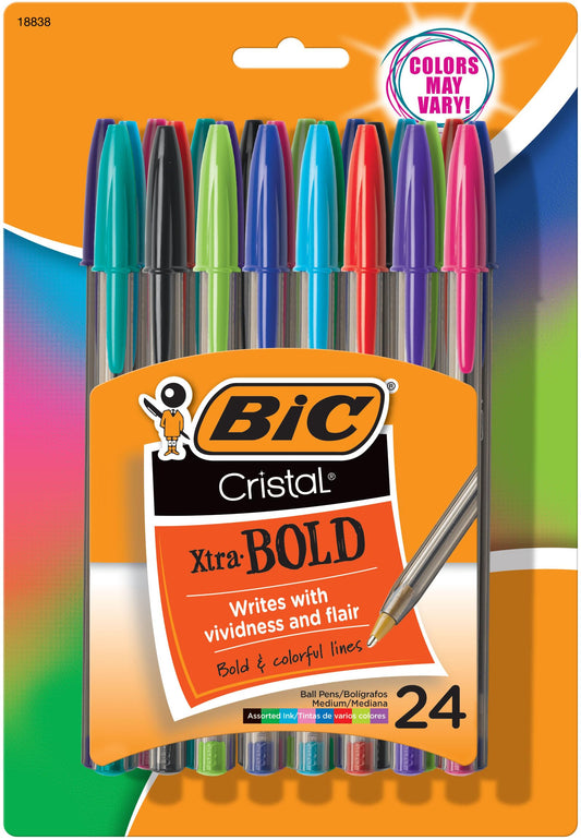 BIC Cristal Xtra Bold Ballpoint Pens, Bold Point (1.6mm) For Vivid And Dramatic Lines, Assorted Colors, 24-Count Pack