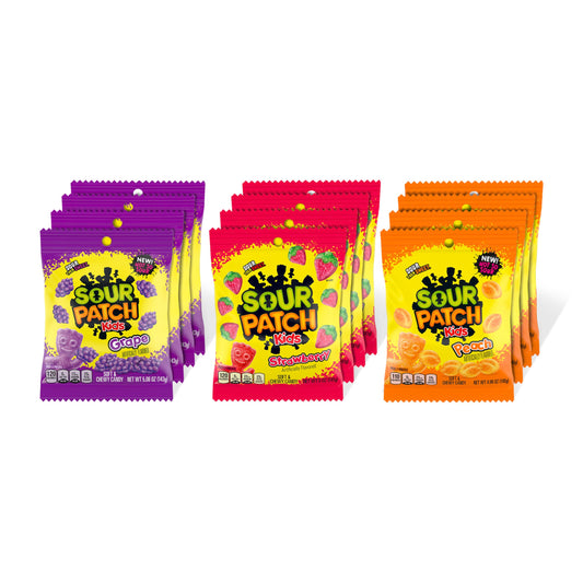 SOUR PATCH KIDS Fruit Flavors Soft & Chewy Candy Variety Pack, Peach, Grape, Strawberry, 12 Bags