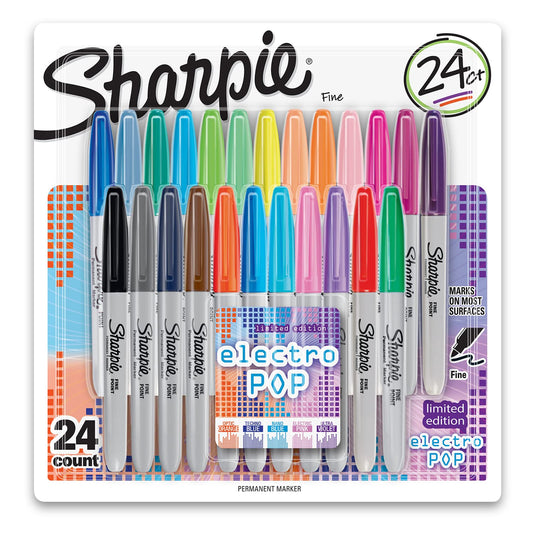 SHARPIE 1927350 Electro Pop Permanent Markers, Fine Point, Assorted Colors, 24 Count