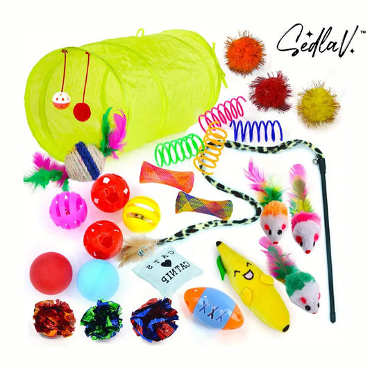SEDLAV 24 Pack Cat Feather Toys - Variety Pack with Laser Toy - Interactive Teaser for Indoor Cats - Durable Wand, Mice, Ball, Drum, and Real Feather Toys - Keeps Cats Active
