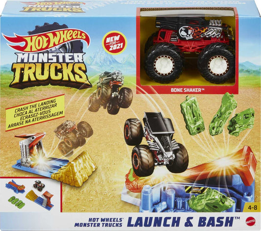 Hot Wheels Monster Trucks Launch & Bash Playset with Launcher, 4 Crushed Cars, 1 1:64 Scale Monster Truck, Landing Zone for Stunting, Crashing Action Great Gift for Kids Ages 4-5-6-7-8