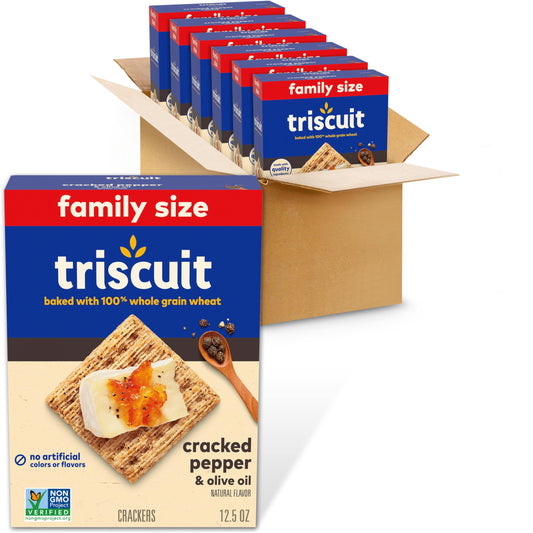 Triscuit Cracked Pepper & Olive Oil Whole Grain Wheat Crackers, Family Size, 6 - 12.5 oz Boxes