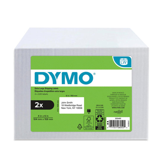 DYMO Authentic LW Extra-Large Shipping Labels for LabelWriter Label Printers, White, 4'' x 6'', 2 Rolls of 220 (440 Total)