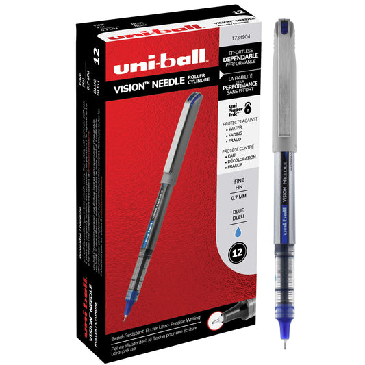 Uniball Vision Needle Rollerball Pens, Blue Pens Pack of 12, Fine Pens with 0.7mm Ink, Ink Black Pen, Pens Fine Point Smooth Writing Pens, Bulk Pens, and Office Supplies