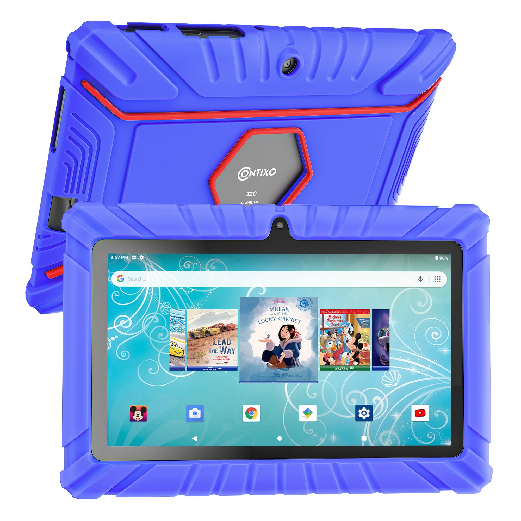 Contixo 7" Android Kids Tablet 32GB, Includes 50+ Disney Storybooks & Stickers (Value $200), Kid-Proof Case, (2023 Model V8) - DarkBlue